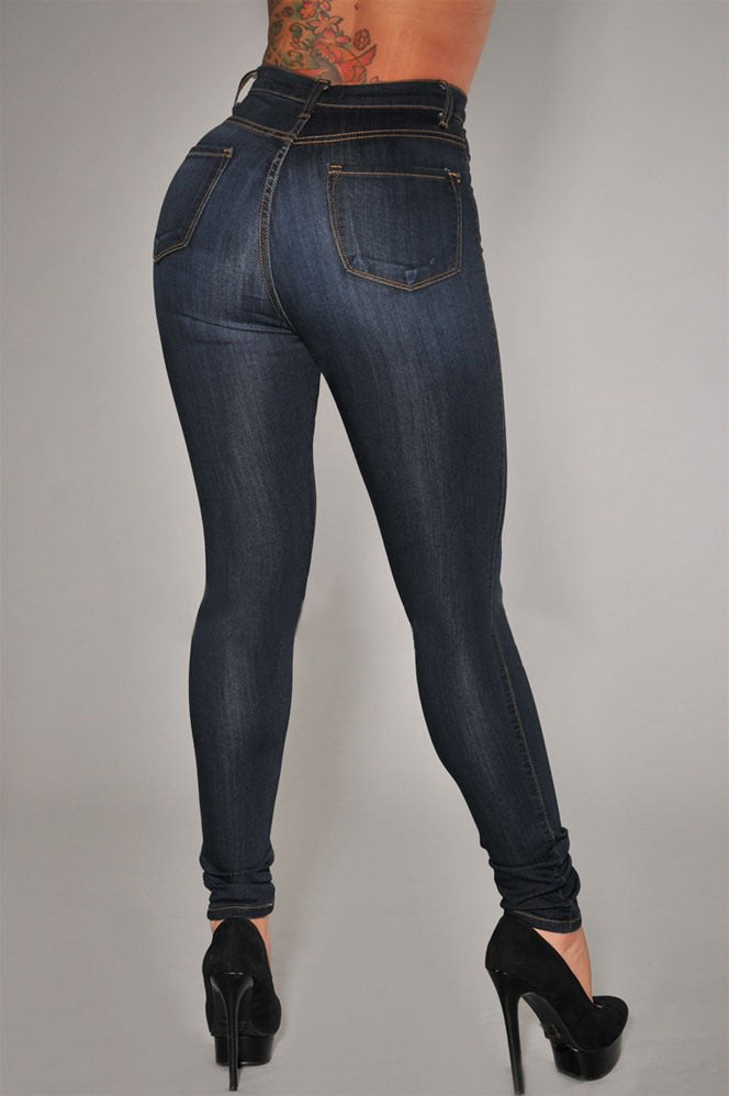 High-waist stretch slim denim pants