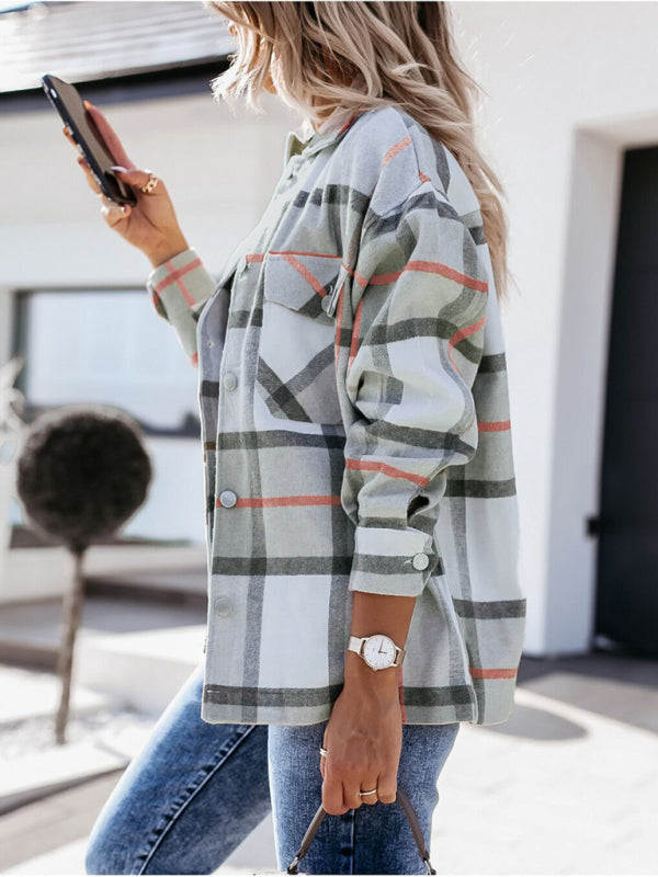 Women's autumn and winter long-sleeved loose wool plaid shirt coat