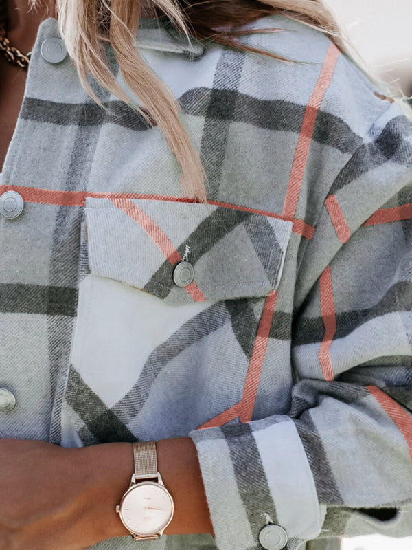 Women's autumn and winter long-sleeved loose wool plaid shirt coat