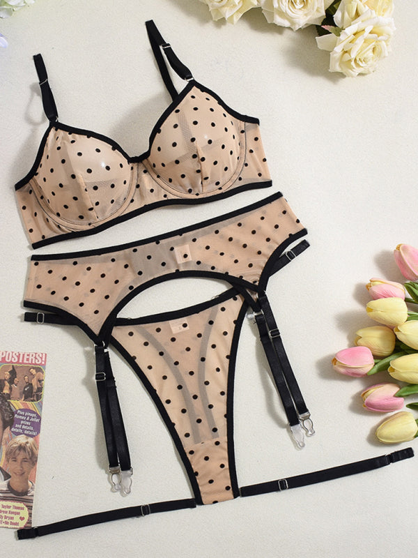Sexy lingerie mesh see-through flocking polka dot sexy lingerie set